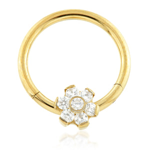 Golden Titanium Front Facing Jewelled Flower Ring