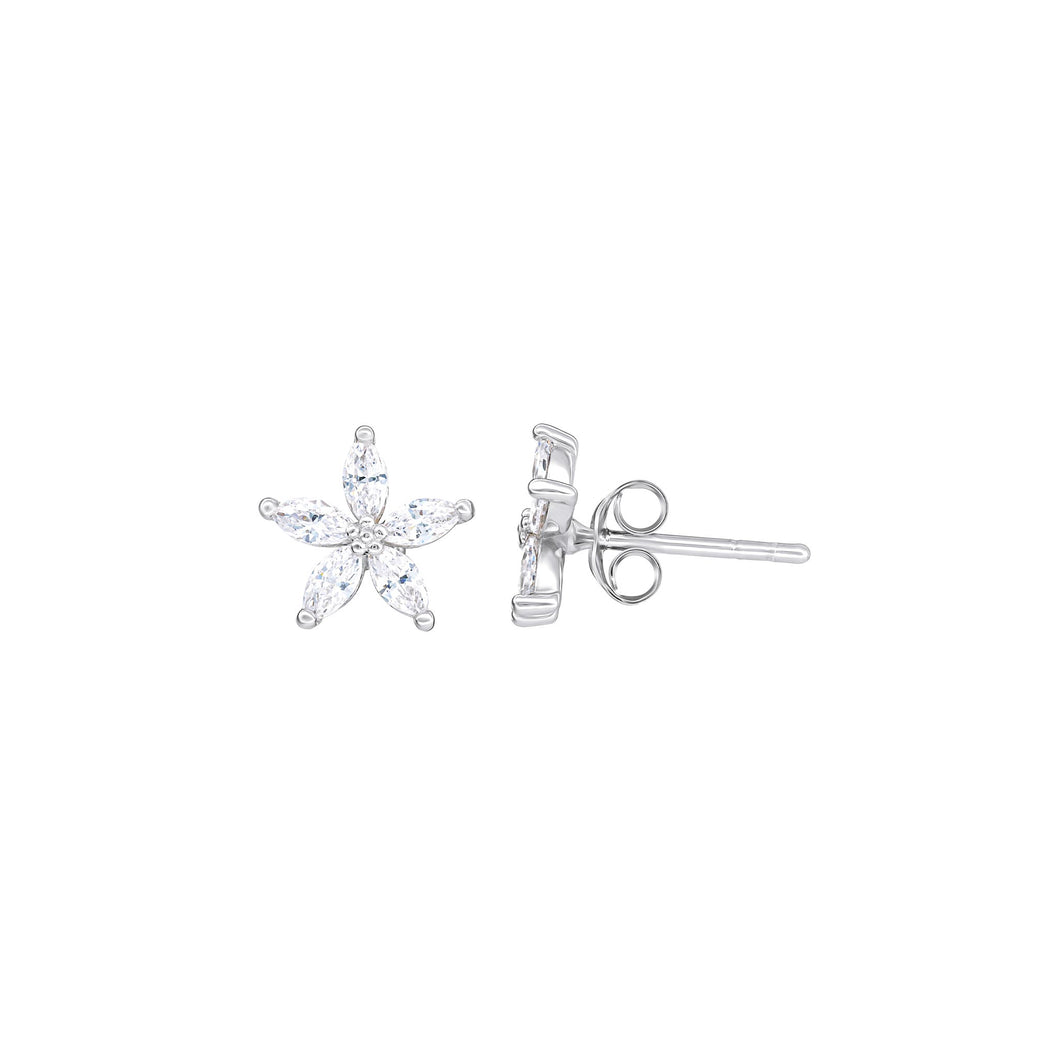 Silver Cubic Zirconia Star Flower Earrings