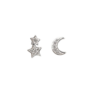 Silver Crescent Moon And Star Stud Earrings