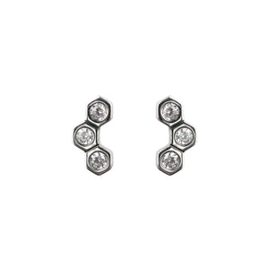 Silver Cubic Zirconia Triple Hexagon Stud Earrings