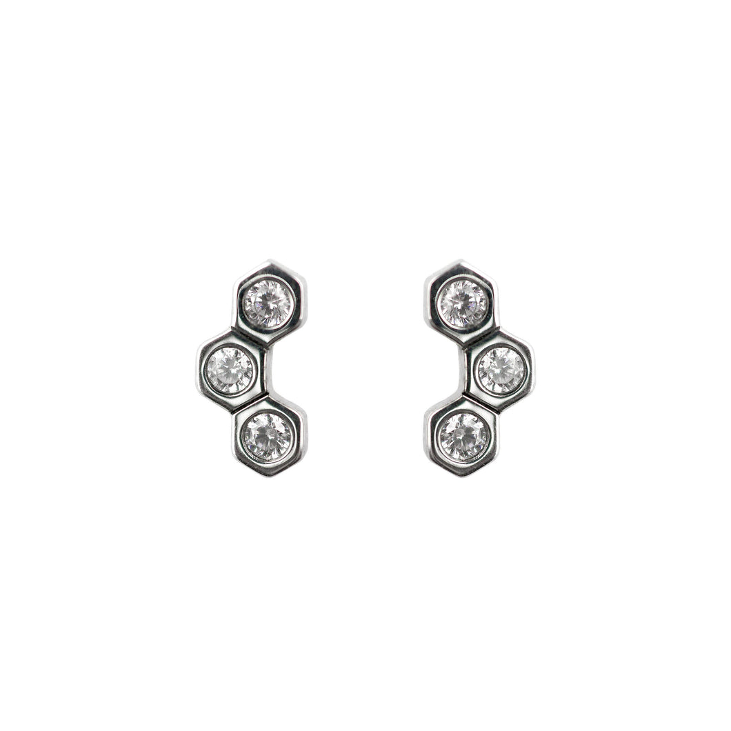 Silver Cubic Zirconia Triple Hexagon Stud Earrings