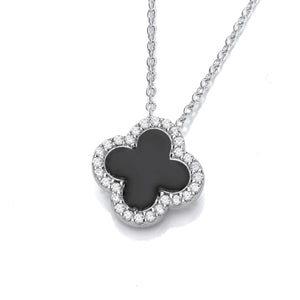 Silver Vintage Clover Necklace - Black