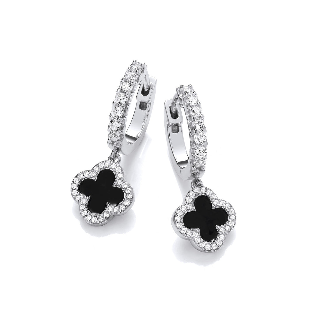 Silver Vintage Clover Hoop Earrings Black