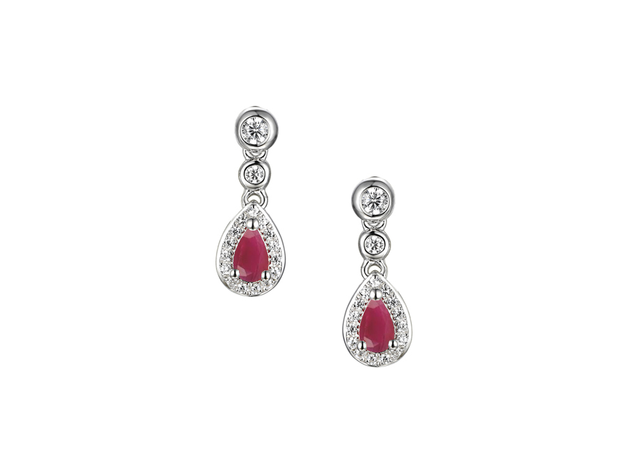 Silver Ruby and Cubic Zirconia Teardrop Earrings