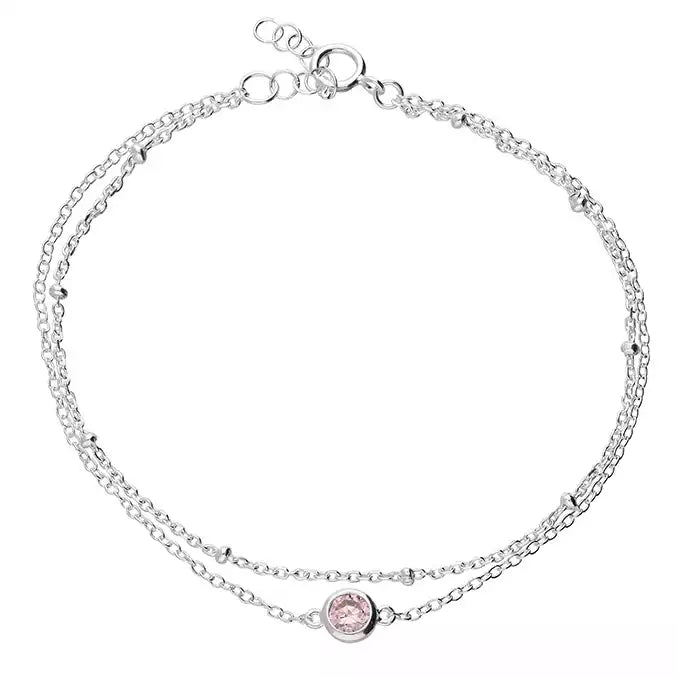 Silver Double Row Bracelet with Pink Crystal Charm