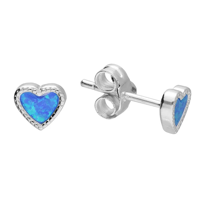 Silver Synthetic Opal Heart Earrings