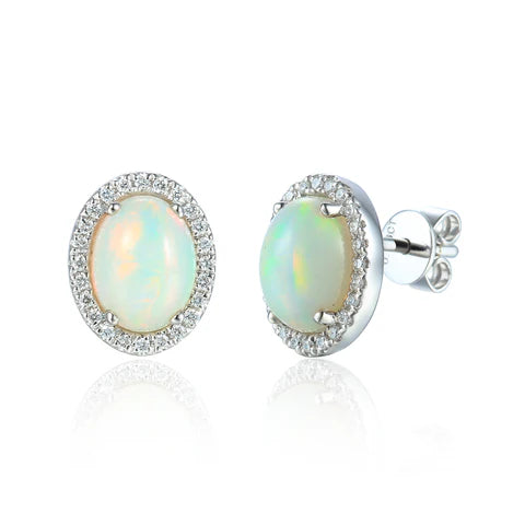 9ct White Gold Opal and Diamond Earrings