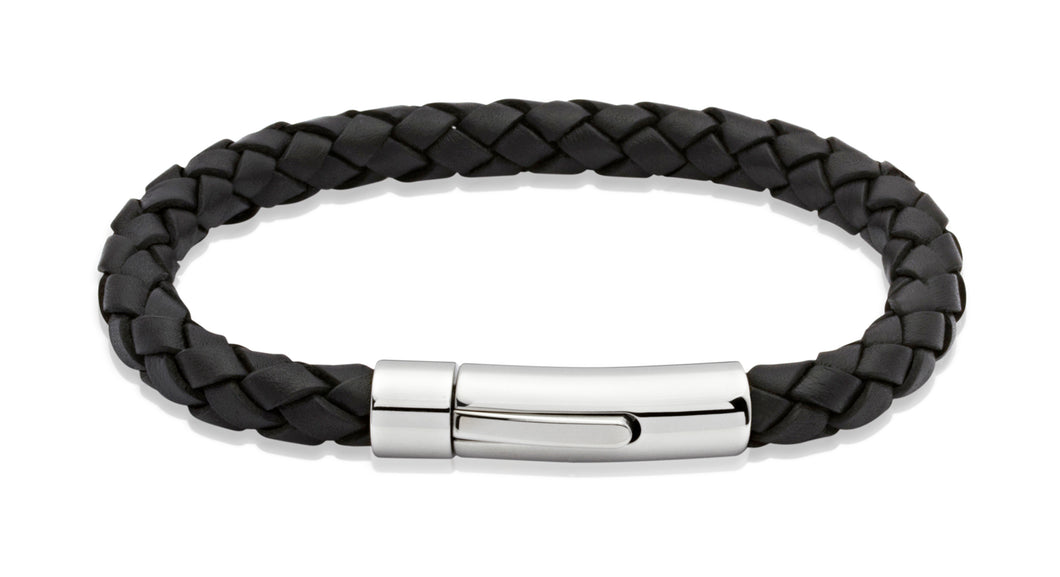 Black Leather Bracelet with Steel Clasp - Unique Mens Jewellery